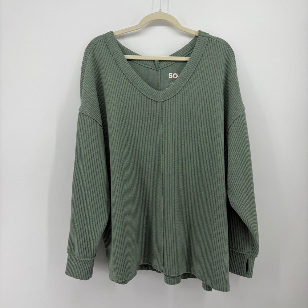 SO Womens L Green Adaptive Ribbed Sweater V-Neck Long Sleeve Thumbhole Oversized